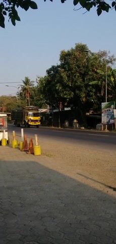 The video shows a street scene with several trucks parked along the side of the road. In the foreground, there are several traffic cones and barriers. The street is paved and appears to be in a rural or suburban area, with trees and buildings visible in the background. The sun is shining, casting shadows on the ground, indicating it is daytime. One truck is yellow and black, with a large cargo bed. Another truck is red and white, also with a cargo bed. The trucks appear to be stationary. There is no visible human activity in the video. The camera is positioned at an angle, making the scene appear tilted.