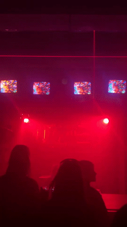 Moscow nighttime events: music venue performance, tree decoration captured