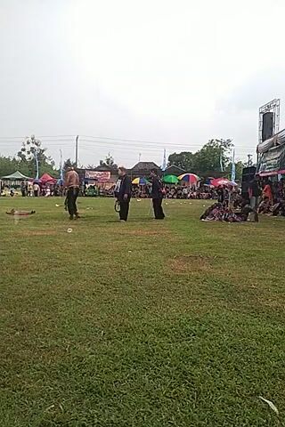 Here is a description of the video:

The video shows a grassy field with a crowd of people in the background. There are at least two individuals on the field, one wearing a black outfit with a headdress and another dressed in what appears to be traditional attire. The individual in black is standing, while the other is performing actions on the ground. There are colorful umbrellas scattered among the crowd.  In the far background, there's what appears to be a stage or platform with speakers. The weather looks overcast. The video is recorded with a vertical orientation.