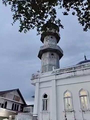 The video shows a white mosque with a tall, grey minaret. The mosque has arched windows and a dome. A tree branch hangs over the top of the frame, partially obscuring the sky, which is overcast. A building with a wooden facade is visible to the left of the mosque. The audio contains chanting.