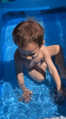 Morning domestic scenes: toddler pool play, breakfast documentation