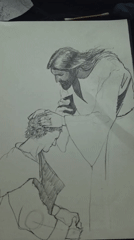 Witnesses document religious-themed pencil sketch in artist's sketchbook