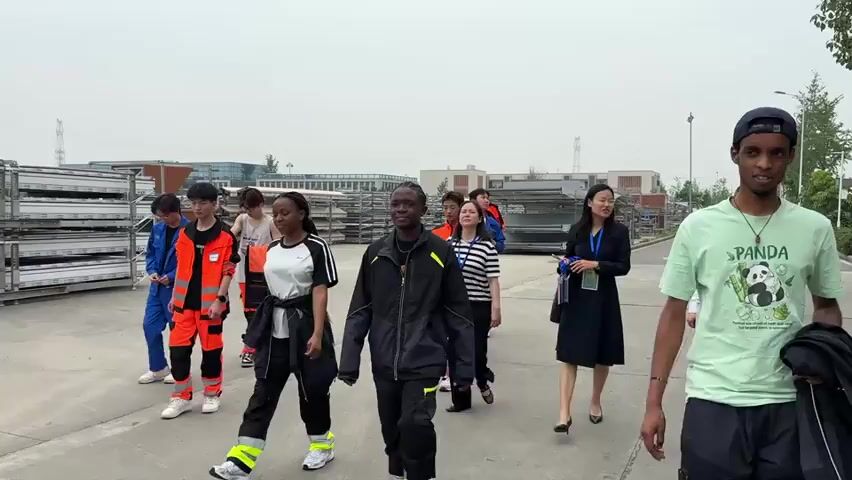 A group of about ten people are walking through an industrial area. Several are wearing work clothes or orange safety vests. One man is wearing a light green t-shirt with a panda on it. A woman in a dark dress carries a bag and appears to be guiding the group. Stacks of large, flat panels are visible in the background. The sky is overcast. The group seems to be on a tour or inspection.