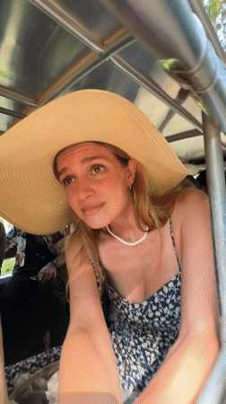 Tourist takes selfie during bumpy ride in Karon, Thailand