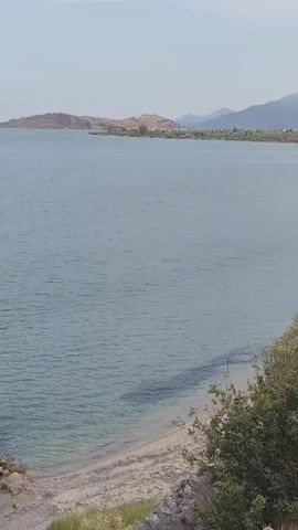 The video shows a wide, calm body of water under a clear sky. In the foreground, a small strip of sandy beach is visible with some rocks and sparse, dry vegetation. The water transitions from a clear, shallow turquoise near the shore to a deeper blue further out. In the distance, a hilly coastline with a few scattered buildings can be seen. The camera is stationary, capturing a panoramic view of the tranquil seascape.