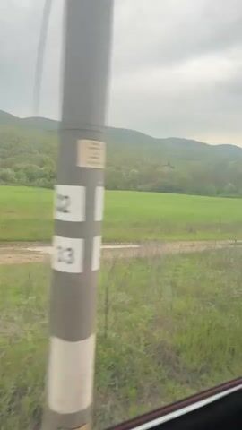The video presents a view of a rural landscape seen from a moving vehicle. In the foreground, there is a lush green field stretching towards a dirt road. Beyond the field, the scenery is dominated by rolling hills densely covered with trees. The sky above is overcast, with a gray, muted light. The focus is on the natural scenery.