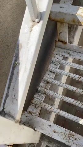 A close-up, eye-level shot captures a small, pale green insect with long antennae resting on a weathered, white metal surface. The insect is positioned to the left of the frame, with its body facing mostly towards the right. The surface it rests on appears to be part of an outdoor structure, possibly a stair railing or support beam, given the presence of a metal grate to the right and a textured, brown wall in the background. The metal surface is marked with streaks of dirt or grime, and small patches of rust are visible, indicating exposure to the elements. A shadow, cast by an unseen object above, diagonally bisects the frame, highlighting the texture and wear of the white metal. The lighting suggests it is daytime, likely sunny due to the distinct shadow. The scene appears to be outdoors, with no discernible human activity or emotional cues. The location is identified as Alamüdün, Kyrgyzstan.