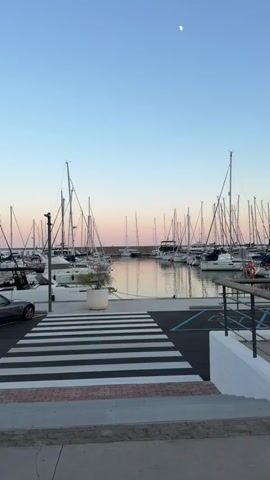 The video shows a marina with numerous sailboats docked. The sky is a clear gradient of blue and pink, suggesting either sunrise or sunset. A crescent moon is visible in the upper right quadrant of the sky. In the foreground, a crosswalk with black and white stripes is clearly marked on the pavement. To the left of the crosswalk, a silver car is parked. A large white planter with a green plant sits next to the crosswalk. The water in the marina reflects the masts of the sailboats and the colors of the sky.