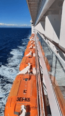 Cruise ship with orange lifeboats spotted moving through blue waters
