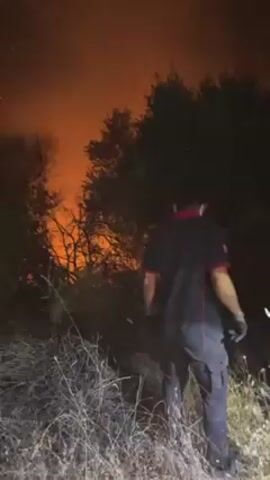 Two men in dark shirts stand in a field, aiming a fire hose towards a large fire in the distance. The sky is a vivid orange due to the flames. The men are surrounded by dry grass and trees, casting dark shadows in the foreground. One man is wearing a blue shirt with red trim on the collar and sleeves.