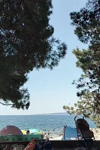 The video shows a beach scene with people swimming and sunbathing. The water is calm and blue, and the sky is clear. In the foreground, there are trees and a stroller. In the middle ground, there are people on the beach and in the water, as well as some inflatable toys. The background shows the sea and the horizon. The overall impression is one of a relaxed and sunny day at the beach.