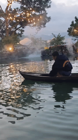 Ducks and a wooden boat at dusk on a Vietnamese lake