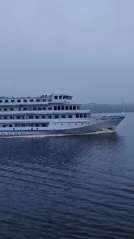 A white cruise ship with multiple decks, labeled "A.S. Pushkin" in Russian on the front, is moving across a body of dark blue water on an overcast day. The sky is a light gray, obscured by a layer of fog. The ship creates a small white wake as it moves forward. A strip of land is faintly visible in the background.