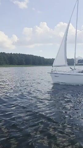 This is a short video clip taken from a boat on a body of water, likely a lake, on a sunny day with some clouds in the sky. The primary subject is a white sailboat named "Slayer" that is moving through the water, creating a small wake. There is one person visible in the cockpit of the sailboat, appearing to be steering.

The scene is set on a lake with a treeline visible in the background, suggesting a natural, possibly forested, environment. The water is rippled, indicating a light breeze. The sky is a bright blue with fluffy white clouds. The overall mood seems peaceful and serene, characteristic of a day spent sailing.

The visible text on the boat includes the name "Slayer" written in black on the hull. There is also a logo or emblem on the side of the boat towards the stern, which is partially obscured but appears to have some red and white elements. An outboard motor is mounted on the transom of the sailboat.

The location context is Sztynort, Poland, which is a village known for its marina and connection to the Masurian Lake District, a popular sailing destination. This aligns with the visual cues of a lake and sailboat. The time of day appears to be daytime, given the brightness of the sky and sunlight.