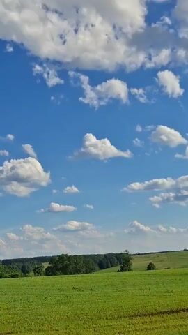 The video shows a wide shot of a green field under a blue sky with scattered white clouds. The field appears to be a pasture or crop field with some patches of brown. A line of trees is visible on the horizon. The camera seems to be moving, possibly from a vehicle, as the landscape slowly shifts.
