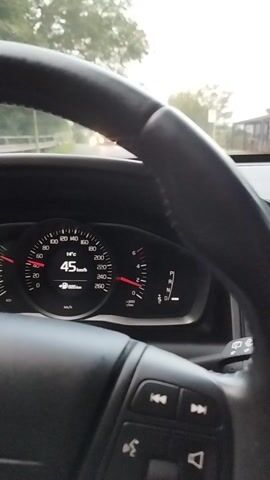The video shows a close-up view of a vehicle's dashboard and steering wheel, likely a truck, from the driver's perspective. The main subjects are the steering wheel, the instrument cluster displaying speed and other information, and part of the steering wheel controls.

The activity is driving, as indicated by the moving speedometer. The speed fluctuates between 45 km/h and 41 km/h. The instrument cluster also shows the outside temperature as 14°C, and a distance of 885 km. The gear selector shows "P", "R", "N", and "D", suggesting an automatic transmission. There are also icons on the steering wheel controls, including what appears to be volume controls, a play/pause button, and an "EXIT" button.

The scene is set inside a vehicle, suggesting a travel or commute. The background, visible through the windshield and side window, shows trees and what could be buildings, indicating an outdoor environment. The lighting suggests it is daytime, possibly overcast given the muted colors and lack of strong shadows. There are no people visible in the frame. The location context is Bremerhaven, Germany. No specific emotions are conveyed, as the focus is on the technical details of the vehicle.

Visible text includes the speed in km/h, the temperature in °C, the distance in km, and the labels on the gear selector ("P", "R", "N", "D") and the steering wheel control ("EXIT").