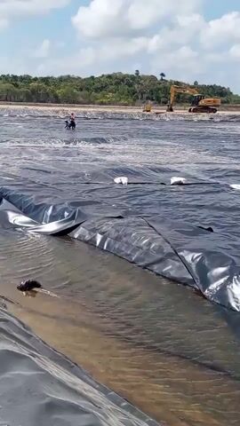 The video shows an outdoor construction site with several people working. In the foreground, a large black tarp is spread out, partially submerged in water. White sacks are visible on top of the tarp, possibly used to weigh it down. Several individuals are standing on the tarp in the water, engaged in tasks related to its placement or securing. In the background, there is an excavator, suggesting heavy machinery is in use. Other people are scattered across the site, and a distant treeline and hills are visible under a partly cloudy sky. The overall impression is of an infrastructure project involving water containment or lining.