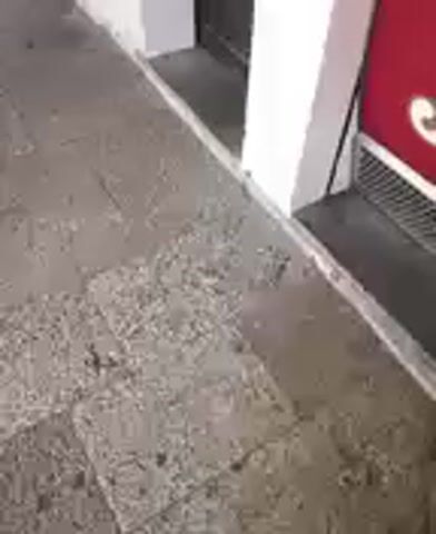 The video shows a close-up view of a sidewalk and a storefront. The sidewalk is made of rough stone tiles. A white-trimmed doorway is visible, with a red panel above it that has white lettering. The lettering appears to be part of a business name. Behind the red panel, a glass display case is visible, containing various items that are not clearly identifiable due to blurriness and distance. Some of the items in the display case appear to have white labels on them. The overall scene suggests an outdoor view of a shop entrance.