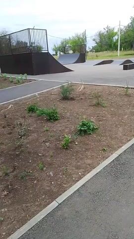 The video pans across an outdoor skate park on an overcast day. In the foreground, there is a patch of dirt with scattered small green plants and a gray concrete curb. A dark gray pole stands on the right side of the frame. In the background, the skate park features several ramps and structures made of dark material. The largest structure is a quarter pipe with a fence along the top. To the right of it, there are two smaller, curved ramps, and further to the right, a low, flat obstacle. The skate park is surrounded by green trees and vegetation, and the sky is cloudy.