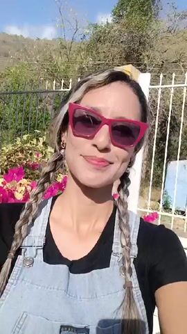 A young woman is taking a selfie outdoors. She has light brown hair with blonde highlights, styled in braids. She's wearing pink sunglasses, a black t-shirt, and denim overalls. The overalls feature a graphic of Tweety Bird. She is smiling at the camera. Behind her, there is a bush with bright pink flowers and green leaves. There's a white fence in the background, along with some green foliage and a hill or mountain in the distance. The sky is blue.