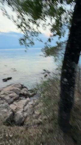 The video captures a woman taking a selfie with a picturesque coastal scene as her backdrop. The woman is the primary subject, smiling warmly at the camera. She is wearing a white off-the-shoulder dress adorned with a floral pattern of red and green. Her dark hair is styled loosely around her face.

The setting is a rocky shoreline, with the calm, blue sea stretching out to the horizon under a cloudy sky. The time of day appears to be late afternoon or early evening, as suggested by the soft, diffused light. Trees with lush green leaves frame the scene, casting shadows on the ground, which is covered with gravel and dry leaves.

The activity is a woman recording a video of herself, likely a vlog or a personal memory. Her expression is happy and relaxed, indicating she is enjoying the moment and the beautiful surroundings.

Notable details include the rocky terrain leading down to the water, the clarity of the sea, and the presence of natural foliage. The location context, Sveti Vid-Miholjice, Croatia, suggests a Mediterranean coastal environment. There is no visible text in the video.