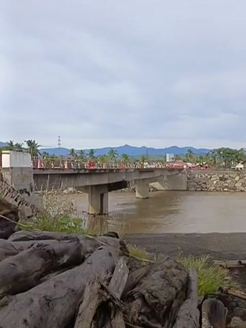 A wide shot shows a muddy river flowing under a concrete bridge. The bridge has orange traffic cones placed along its edge. The riverbank is lined with rocks and a pile of logs is in the foreground. In the background, there are palm trees, houses, and mountains under a cloudy sky.