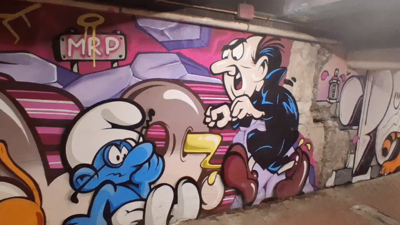 Cartoon character graffiti murals documented in Savona underpass