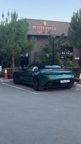 Green Aston Martin and lounging cats outside Petite Plage, Cyprus