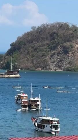 The video shows a body of water with several boats. In the foreground, there are three wooden boats docked next to each other. The first boat, from the front, is white and brown with several masts. The second and third boats are similar in design, with brown hulls and white superstructures. A smaller inflatable boat is attached to the second boat. In the middle ground, there are several smaller boats moving across the water. One of these boats appears to be a speed boat. Further in the background, a larger, darker boat with masts is anchored. Behind the water, a large, tree-covered hill dominates the landscape. The sky is blue with a few white clouds. The overall impression is a sunny day in a tropical location with various watercraft present.