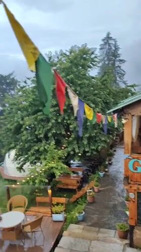 Rainy morning at a Himalayan glamping site in Prini