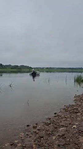 A person in a small, dark-colored inflatable boat is on a wide body of water. The person is seated and appears to be operating a motor. The water is calm and reflects the overcast sky. The shoreline in the foreground is rough and rocky, with some vegetation. The background shows a tree line and distant greenery. The overall atmosphere is muted and overcast.
