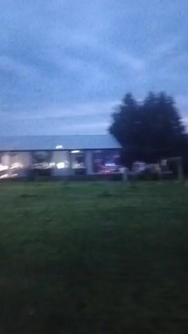 A person in a light-colored short-sleeved shirt and dark pants stands in a grassy field. The person raises their right arm, as if to throw something. In the background, a building with lights is visible. The sky is dark blue, suggesting it is evening or dusk. The video is of low resolution and blurry.