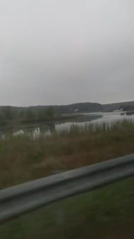 The video shows a roadside view from a moving vehicle on a cloudy day. The foreground features a metal guardrail. Beyond the guardrail, there is green grass and vegetation. In the middle ground, a body of water, possibly a lake or river, is visible, bordered by trees and some buildings. Further in the distance, a dense forest covers rolling hills. A black car is seen driving on the left side of the road. Several trailers or farm equipment are parked in a field. The sky is overcast and grey.