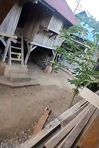 The video pans across a rural outdoor scene. In the foreground, there are several pieces of wood stacked horizontally. In the background, there is a rustic wooden structure on stilts, with a ladder leading up to it. The ground appears to be dirt and gravel, with some scattered debris. The overall impression is one of a simple, possibly unfinished, construction site or dwelling.