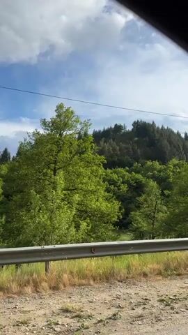 The video shows a view from inside a moving vehicle. The road is a narrow, paved country road with some gravel on the sides. On the right side of the road, there is a metal guardrail and beyond that, a grassy area with trees. Further in the background, there is a hillside covered with dense forest. The sky is partly cloudy with patches of blue. There is an electrical line visible stretching across the sky. The video is shaky, as it is taken from a moving vehicle. At one point, a dark, weathered wooden structure, possibly a shed or barn, is visible on the right side of the road. The side mirror of the car is briefly visible. The overall scene depicts a drive through a rural, forested area.