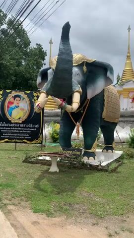 The video shows a large, dark green statue of an elephant with its trunk raised. The elephant statue is adorned with a golden headdress, a golden blanket draped over its back, and has large ivory tusks. The statue is situated outdoors on a grassy area, with a pathway in the foreground. Behind the elephant statue, there is a banner displaying a portrait of a person in traditional attire and text in an unknown language. Further in the background, a white stupa with a golden spire is visible. The sky is overcast, indicating a cloudy day. There are no people visible interacting with the statue or its surroundings. The overall scene appears to be in a public or temple area in Thailand.