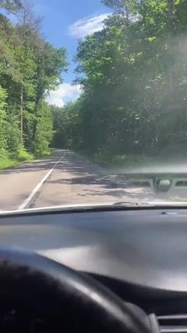 The video is a first-person perspective from inside a car driving down a two-lane road. The road is surrounded by lush green trees on both sides, creating a tunnel effect. The sky is blue with some clouds. The road surface appears to be asphalt with visible patches and some wear. The car's dashboard is visible at the bottom of the frame, showing a speedometer and other indicators. The sun is shining, casting shadows and creating a bright atmosphere. The overall scene depicts a scenic drive through a forested area on a sunny day.