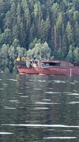 The video shows a towboat pushing two barges down a wide, calm river. The barges are rusty and appear to be empty. They are being pushed from the rear by the towboat. The river is surrounded by a dense forest of green trees. The sky is overcast, and the light is soft. There are some ripples on the surface of the water, indicating a gentle current. There are no people visible on the barges or the towboat. There is a red and white buoy in the water near the barges. The overall impression is one of a serene and natural landscape with industrial elements.
