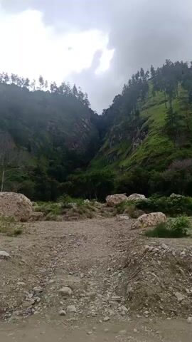 A full shot captures a mountainous landscape under a cloudy sky. The foreground is a rough dirt path littered with rocks and debris, with large boulders on either side. The path leads towards a deep valley, its steep slopes covered in lush green vegetation and trees. The valley narrows as it recedes into the distance, with a faint dark opening at the very back, suggesting a cave or a dense part of the forest. The overall impression is of a rugged, natural environment.