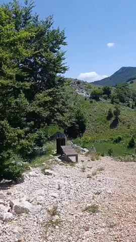 A video pans across a scenic mountain landscape on a clear day. In the foreground, a path made of gravel and rocks leads to a small wooden structure, possibly an outhouse, with a wooden bench in front of it. Dense green trees and vegetation cover the rolling hills in the background, leading up to a distant mountain peak. The sky is bright blue with a few scattered white clouds. The overall impression is one of a peaceful, natural environment.