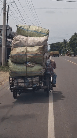 Motorcyclist transports sacks through Indonesian villages via sidecar, trailer