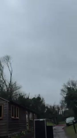 A video shows a device projecting a large plume of fire into the air. The device, resting on a black base, stands outdoors on a grey, damp day with an overcast sky. It is positioned next to a small wooden building. In the background, there are trees, a wooden fence, and a glimpse of a car. The fire plume, orange and yellow, shoots up and then fades away repeatedly in time with a hissing sound.