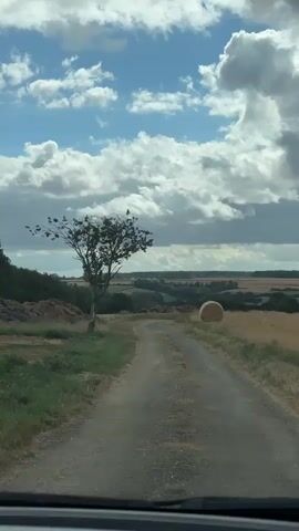 The video shows a dirt road leading through a rural landscape under a cloudy sky. On the left side of the road, there is a small tree and a pile of hay. On the right side, a single round bale of hay sits in a field of dry grass. In the distance, rolling hills are covered with trees and fields. The camera appears to be inside a vehicle, looking out through the windshield. The overall impression is a tranquil, pastoral scene.
