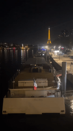 Eiffel Tower glowing at night, seen from elevated Paris viewpoint