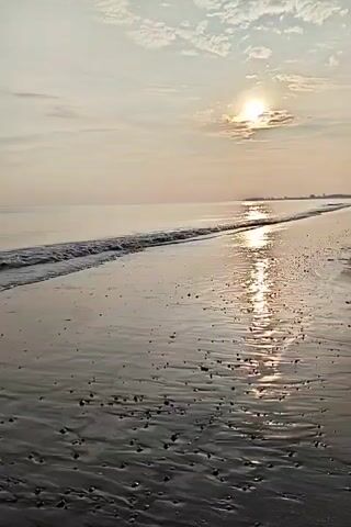 The video shows a beach scene during sunrise or sunset. The sun is partially obscured by clouds, casting a golden reflection on the wet sand and water. Gentle waves are lapping onto the shore. The beach appears to be mostly empty. The sand is dark and dotted with small objects. The sky has light clouds.