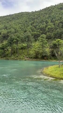 The video shows a wide shot of a clear turquoise lake with a wooded mountain in the background. The water has ripples and is a vibrant blue-green color. Trees line the shore of the lake and extend up the mountainside. The sky is cloudy. There is a small patch of grass with a ring buoy on the right side of the frame. The camera is panning slightly to the left.