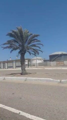 A moving camera travels alongside a gray concrete wall alongside a road with white curbing. In the distance, plumes of black smoke rise from a structure beyond the wall. A covered bus stop and a large cylindrical storage tank are visible. Palm trees occasionally line the roadside. The sky is blue.