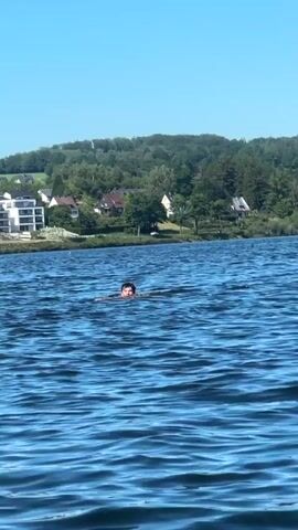 A man swims in a lake under a clear blue sky. He is the focal point, with only his head and shoulders above the water. The lake is slightly choppy, creating small waves around him. In the background, there is a green hillside with a few houses scattered among the trees. The man appears to be smiling and is asked "Geht's noch?" and "Ist gut?" which translates to "Alright?" and "Is it good?"