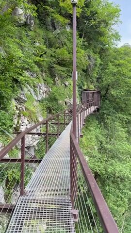 A narrow metal walkway hugs a steep, verdant cliff face. The walkway has a metal grate surface and is bordered by a brown metal railing. Trees and foliage grow densely on the cliff to the left and right of the walkway, with some rocks visible on the cliff face. The walkway curves to the right, leading to a small wooden structure with a roof and open sides. Beyond the walkway and wooden structure, the camera pans to reveal a deep gorge filled with trees and a winding river at the bottom. The sky above is cloudy.