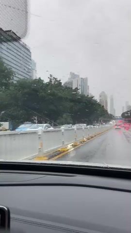 The video shows a view from inside a car driving on a city street during a rainstorm. Raindrops are visible on the windshield, distorting the view of the surroundings. The road is wet, with reflections of car taillights visible. Trees and tall buildings line the street, and other cars are driving in the same direction. The sky is overcast and gray. The camera appears to be positioned on the dashboard or front passenger side of the vehicle, looking forward.